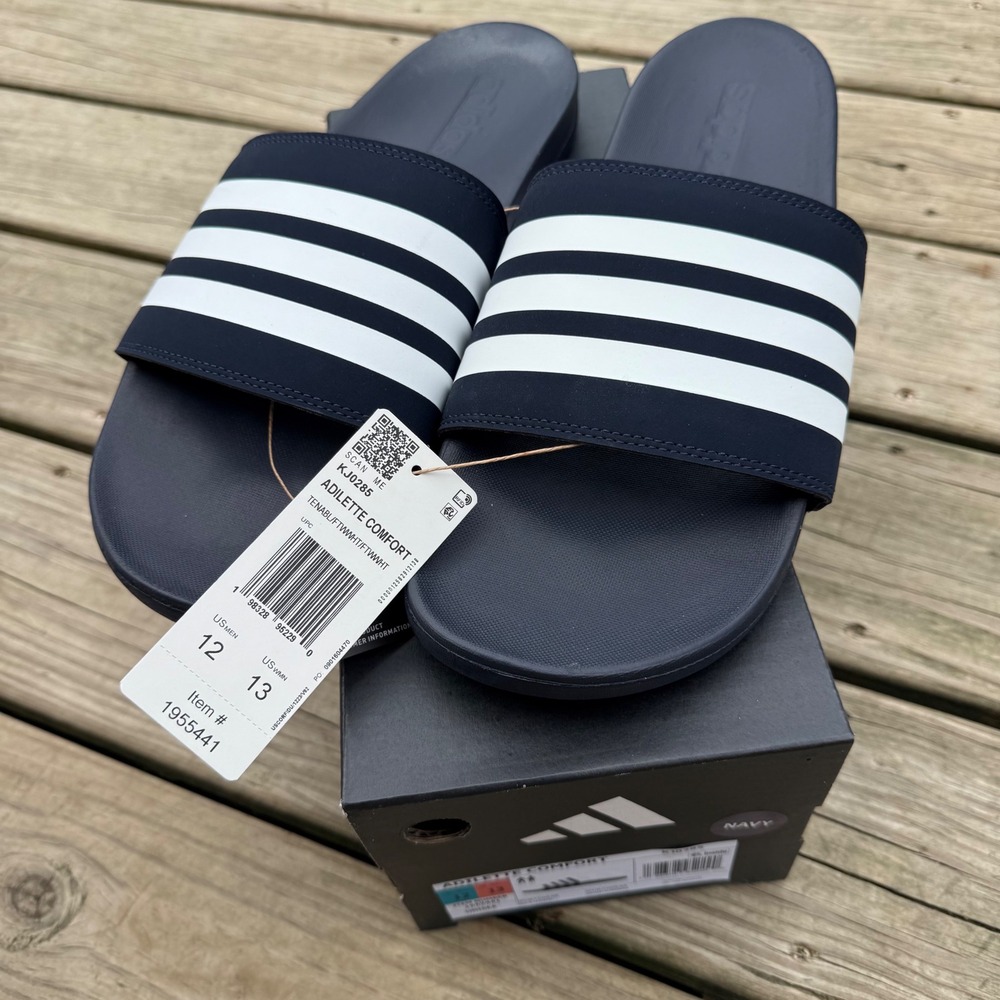 Adidas Unisex 12M/13W Adilette Comfort Slides Navy White Striped Slip On Sporty